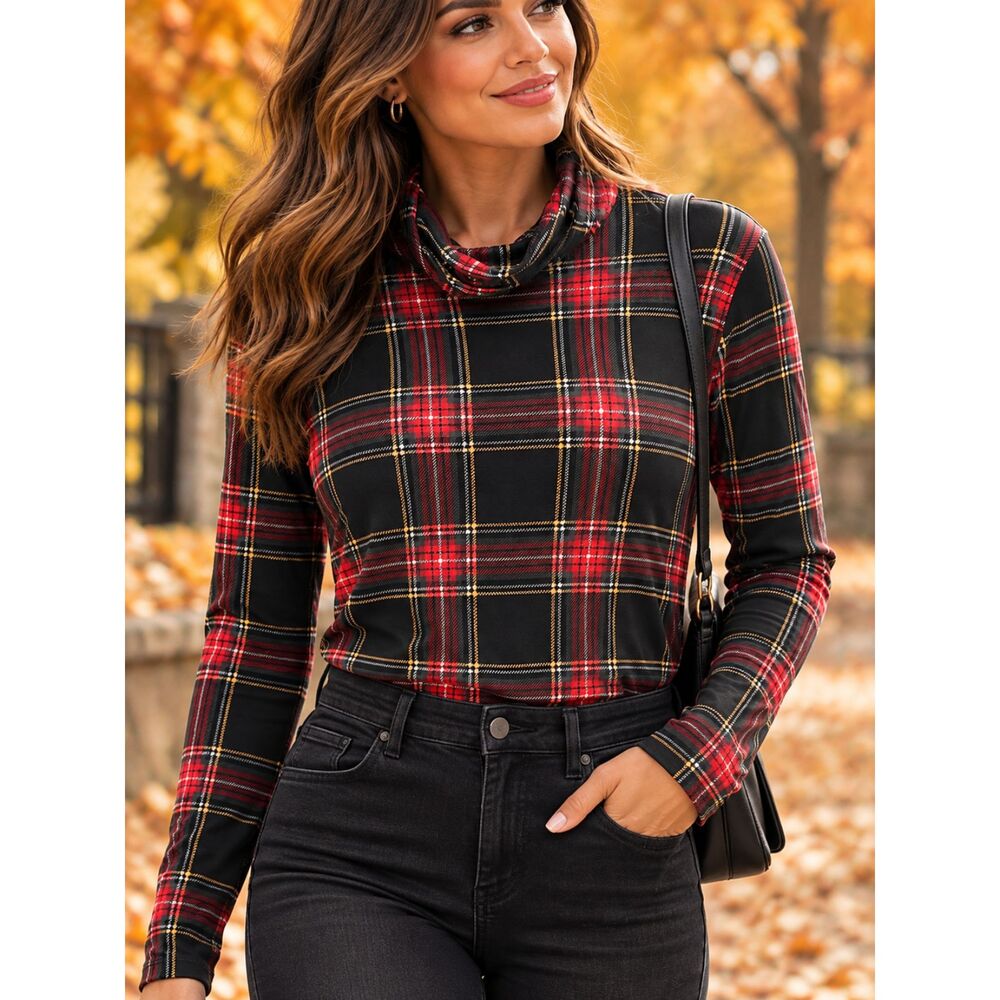 J.Crew Women 100% Cotton Black Plaid Cowl Neck Long Sleeve Knit Pullover Top S